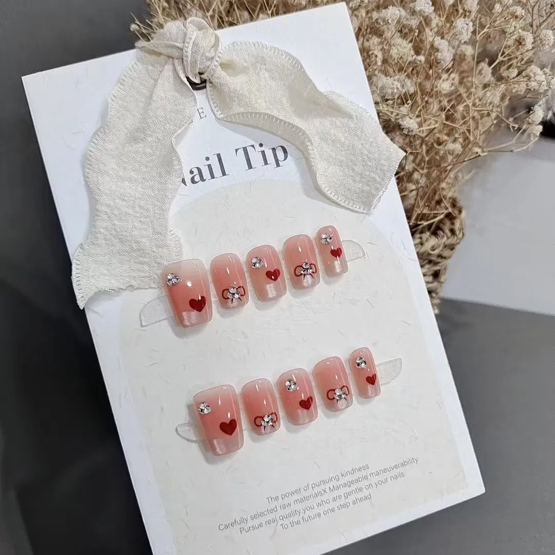 Wearing 10 Pieces of Handmade Sweet Crystal French White Fake Nails