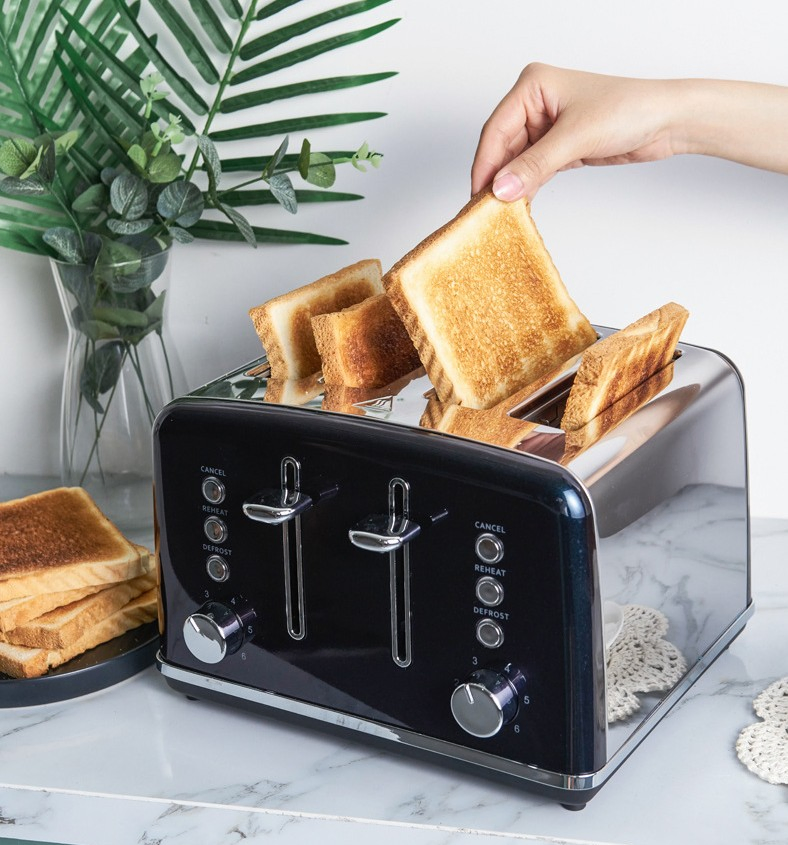 Custom Stainless Steel Bright Surface 4 Slices Bread Machine 6 Gears Three Functions Home Breakfast Toaster