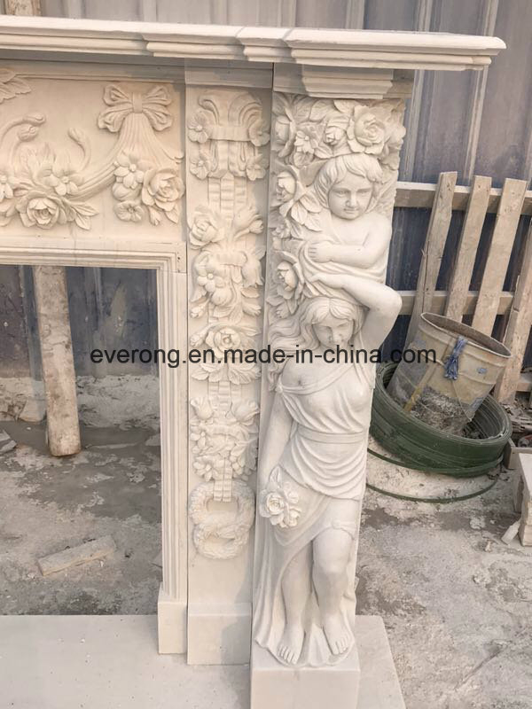 Natural Stone White Marble Fireplace with Carved Angel and Flowers