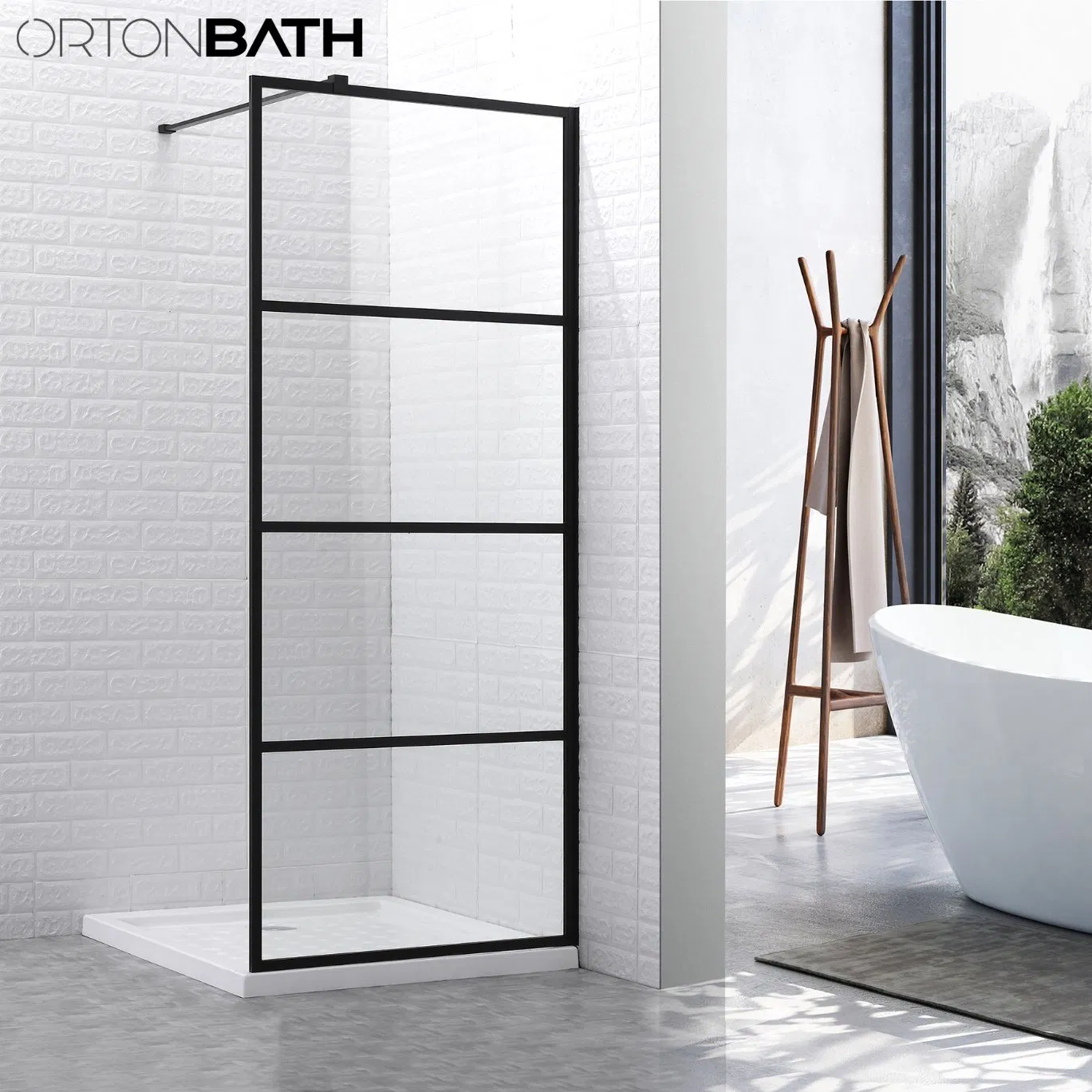 Ortonbath Walk in Single Door Glass Pivot Fixed Frameless Thick Customizable Tempered Glass Bathroom Shower Enclosure Screen with Two Support Bar