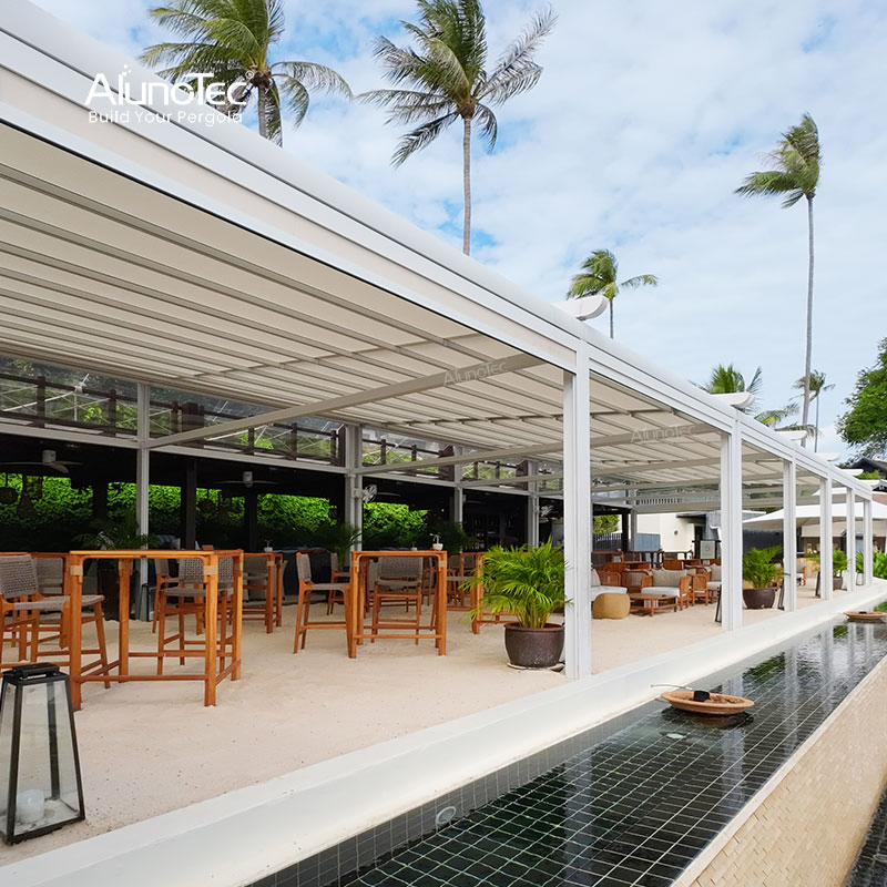 AlunoTec Outdoor Party Electric Roof Awning with LED Lights and Roller Blinds