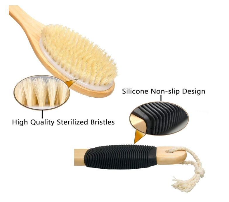 Wooden Curved for Exfoliating Long-Handled Bath Brush with Natural Bristles.