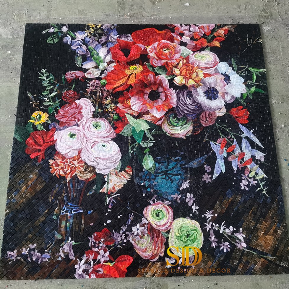 High Quality Exquisite Colorful Hand Made Glass Mosaic Flower Mural for Bathroom Wall Decoration