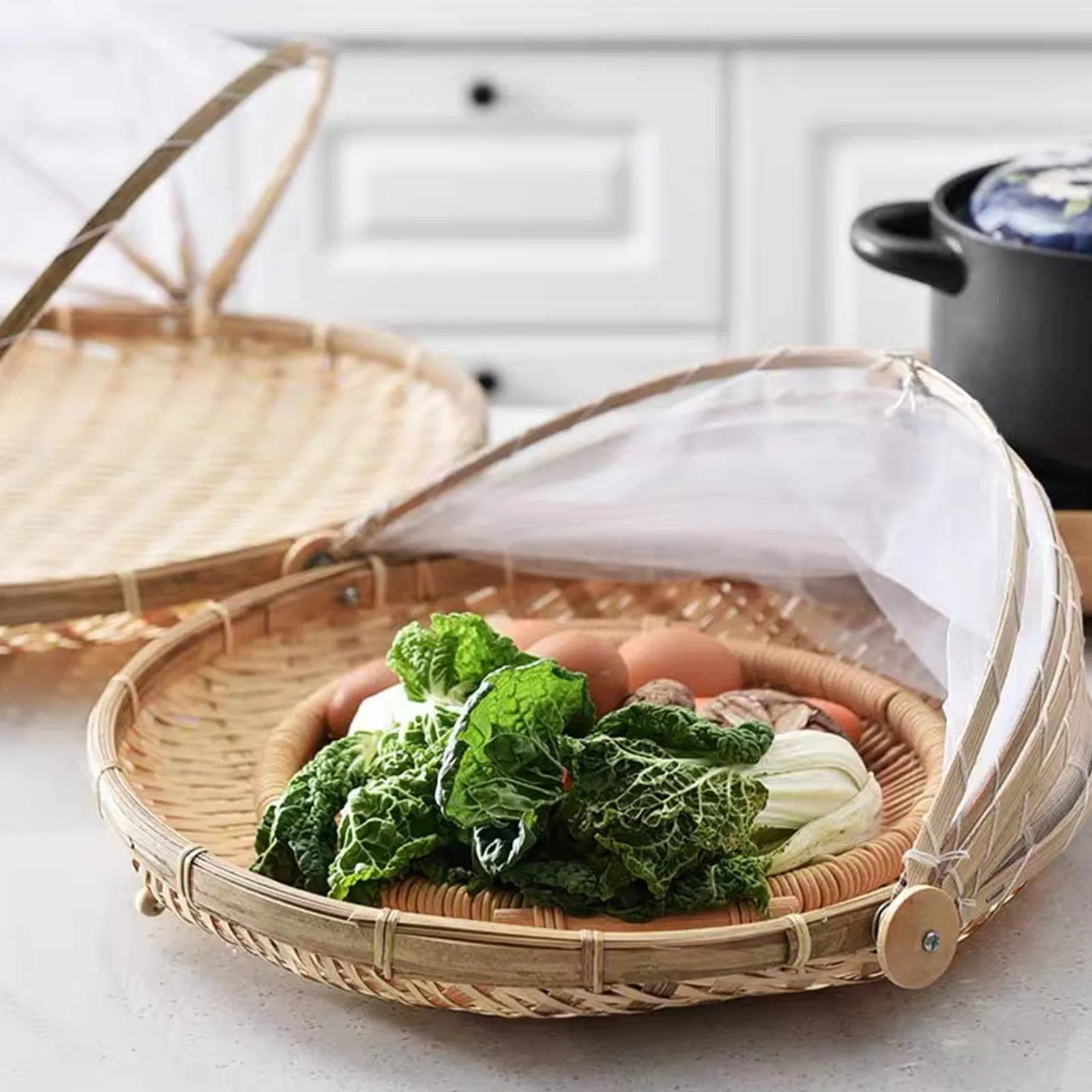 Food Serving Tent Basket Hand-Woven Bamboo Dustproof Round Picnic Basket Net