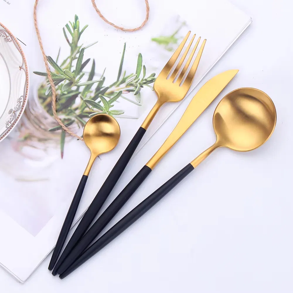 Luxury Portugal Knives Forks Spoons Gold Flatware Sets Stainless Steel Matte Black and Gold Cutlery Set