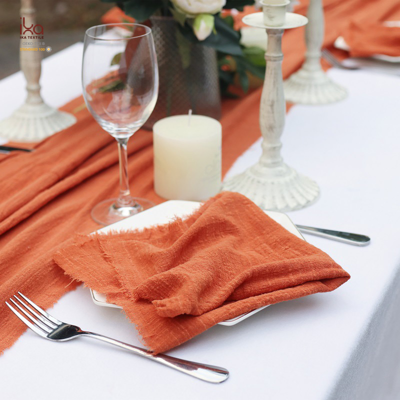 Green Beige Terracotta Wedding Restaurant Dinner Wholesale Custom Thin Detail Raw Edge 100% Cotton Gauze Cloth Napkins for Kitchen