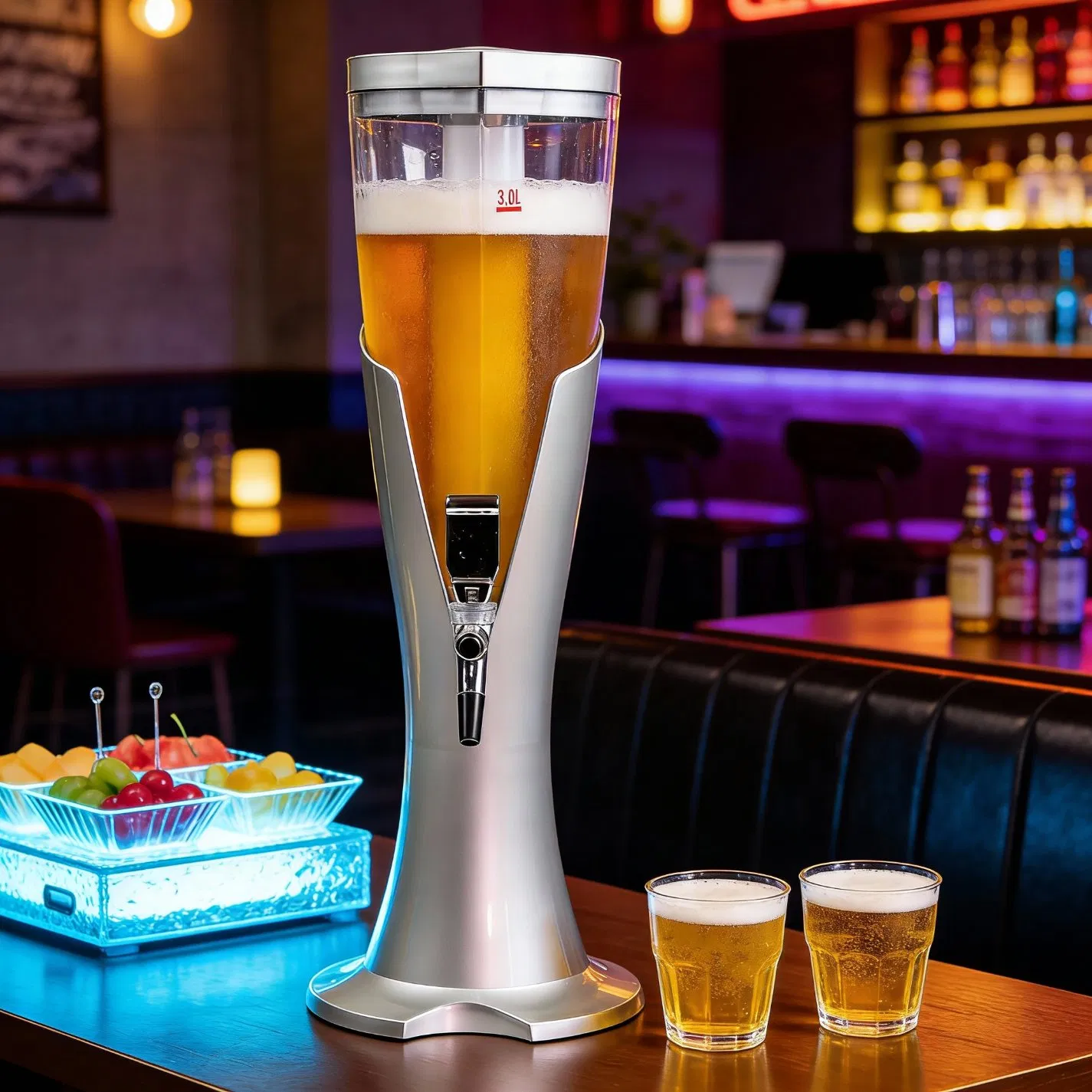 Custom Designed Tabletop Promotional Plastic 1L 2L 3L Beer Tower with Ice Tube or Beer Beverage Juice Drink Beer Dispenser for Restaurant Bar Club
