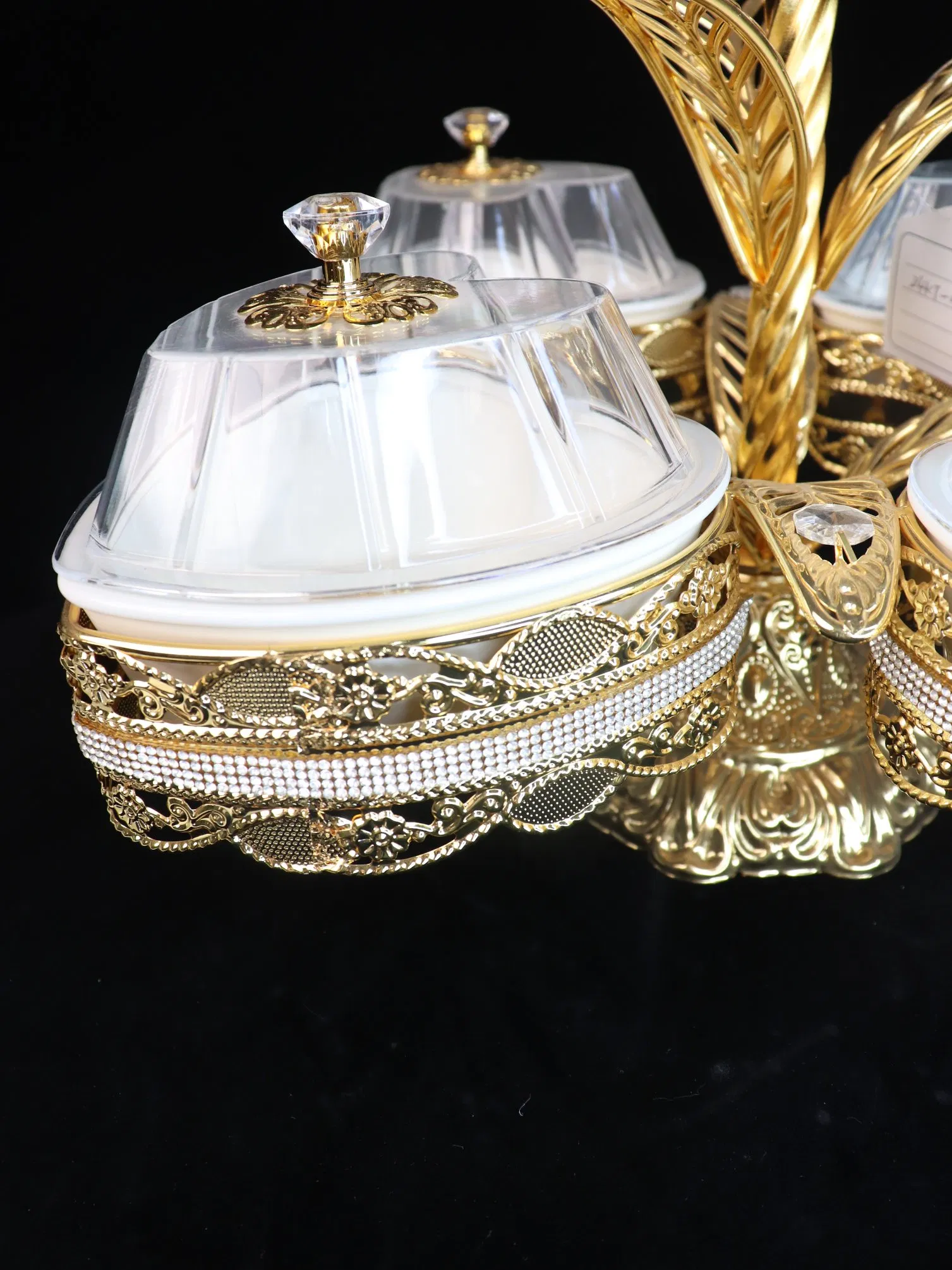 Elegant Fruit Tray with Gilded Ironwork and Four Plastic Bowls