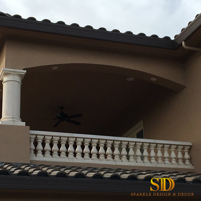 Customized Curved Beige Marble Baluster and Railing Around Outdoor Stairs