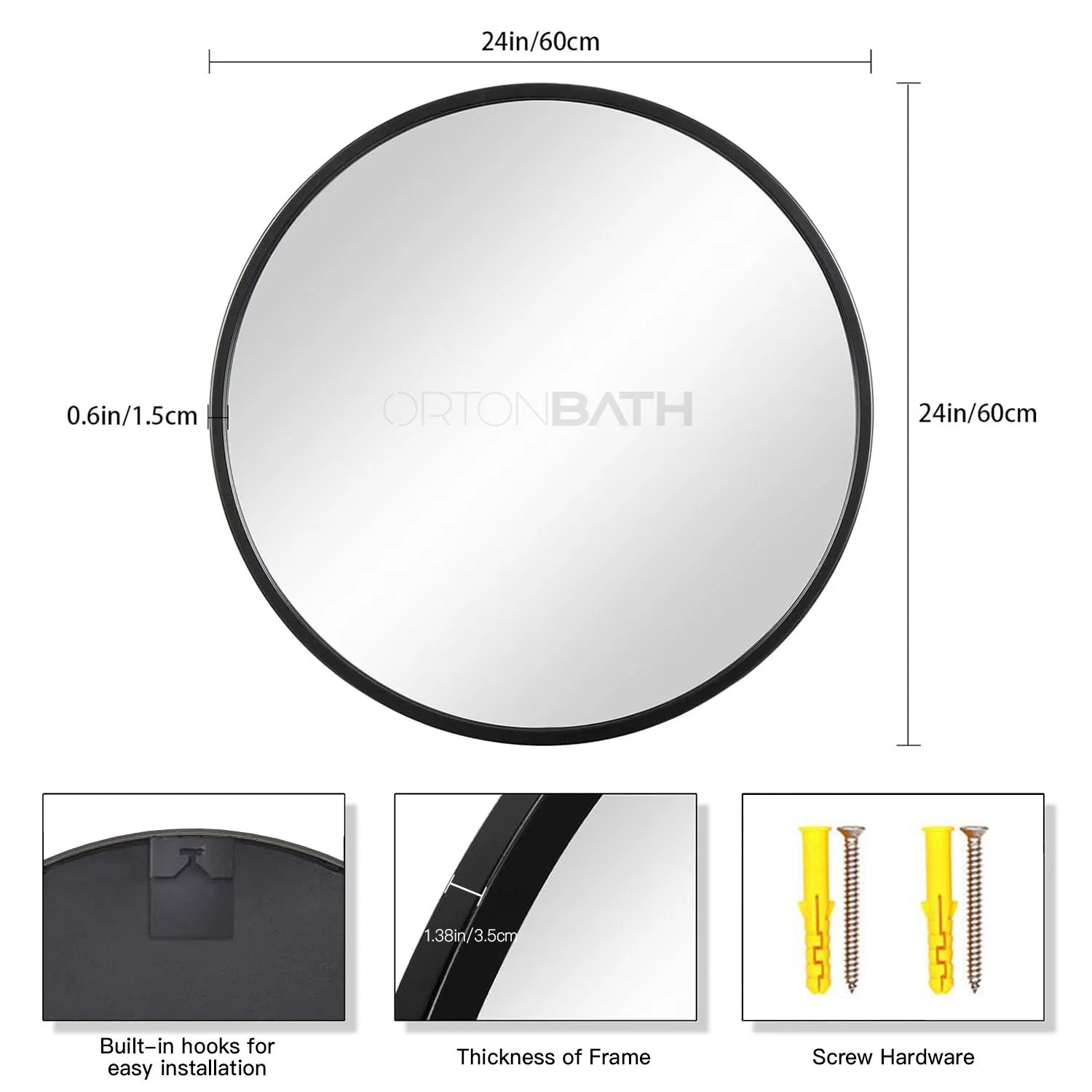 Ortonbath 20 Inch Wall Mounted Hanging Mirror for Bathroom with Round Black Metal Framer Round Vanity Circle Mirror for Bath