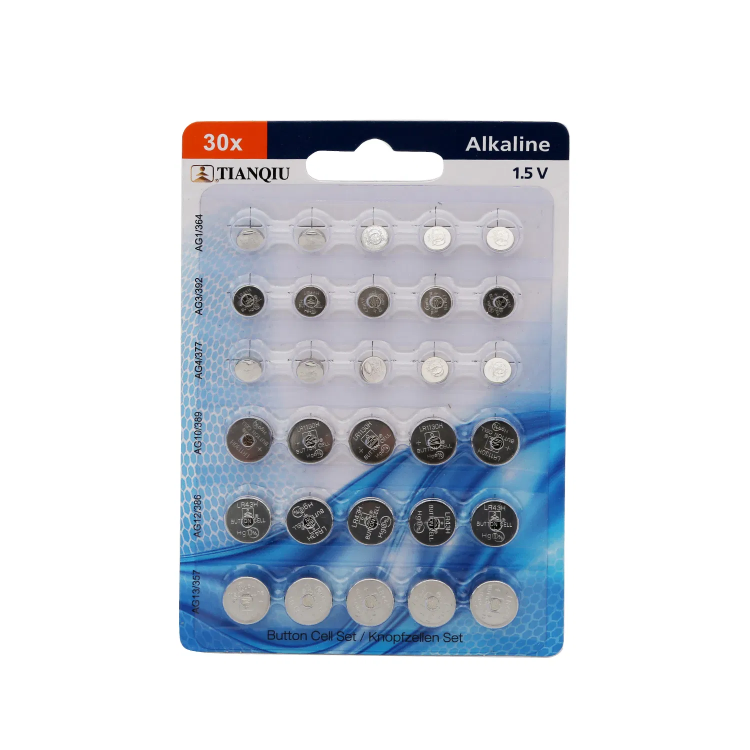 Набор батареек-таблеток Tianqiu 1.5V, 30 шт (LR621, LR44 и др.)