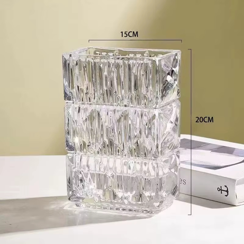 Clear Crystal Glass Vase Hydroponic Flower Pots Desk Decoration Artificial Flower Decorative Floral Arrangement Square Vases