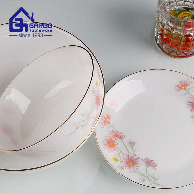 Stock Round Shaped White Jade Opal Glass Bowl Set 470ml Salad Bowl 5.5 Inch Mixing Bowls Opal Ware Noodle Bowl Decorative Printing Precook Bowls Set