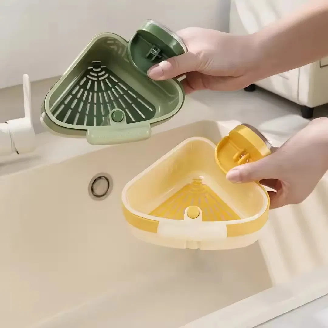 Triangle Sink Suction Cup Storage Rack, ABS Drain Basket for Food Residue Filtration, One-Touch Press-Release Strainer for Kitchen Sinks