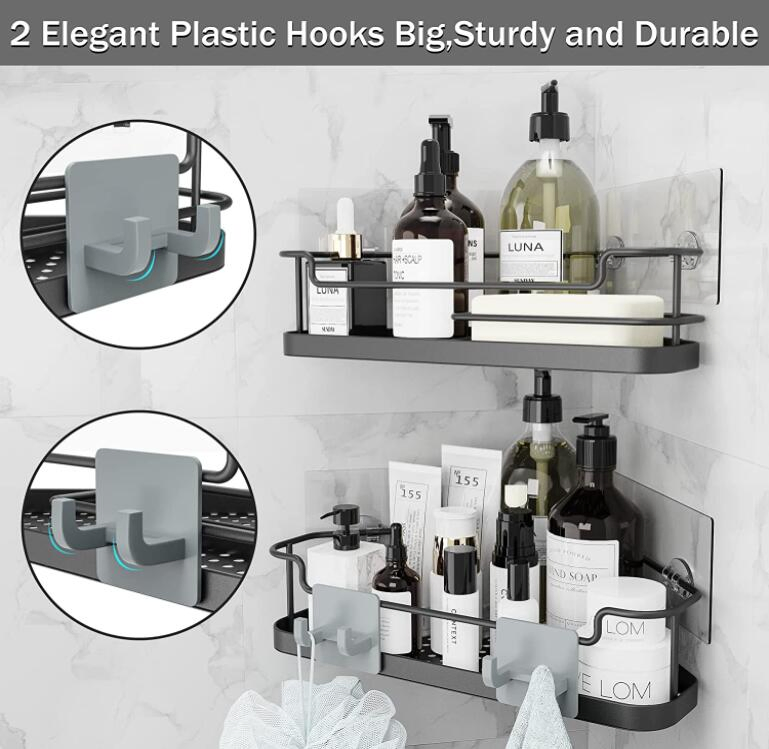2 Pack-Black Corner Shower Caddy Organizer Basket with Hooks No Drilling Adhesive Wall Mount Bathroom Shelf Shampoo Holder Storage Rack Rustproof