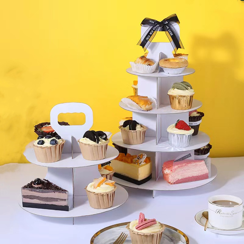 High Quality Round Paperboard 4 Layer Dessert Cake Cupcake Stand with Transparent and Paper Cover