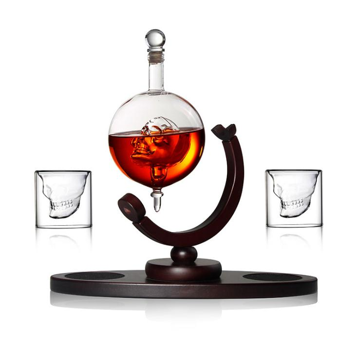 Glass Wine Whiskey Bottle Decanter Set with Skull Cups