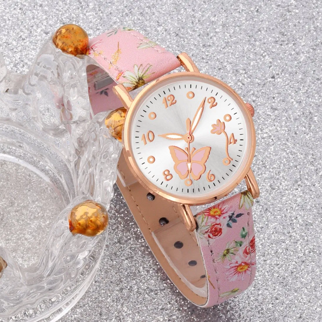 Romantic and Casual Women's Floral Print Watch and Butterfly Jewelry