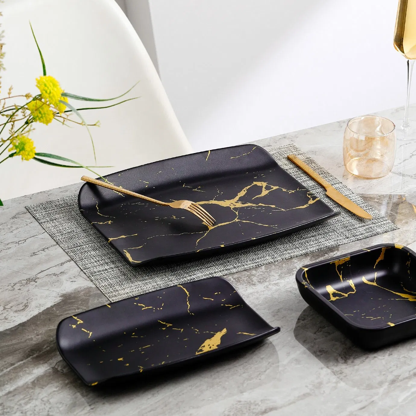 Wholesale Luxury Nordic Melamine 12PCS Tableware Set Restaurant Home Plastic Dinner Set Marbling Tableware Sets