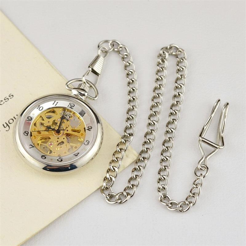 Custom Made Alloy Skeleton Mechanical Pocket Watch with Chain