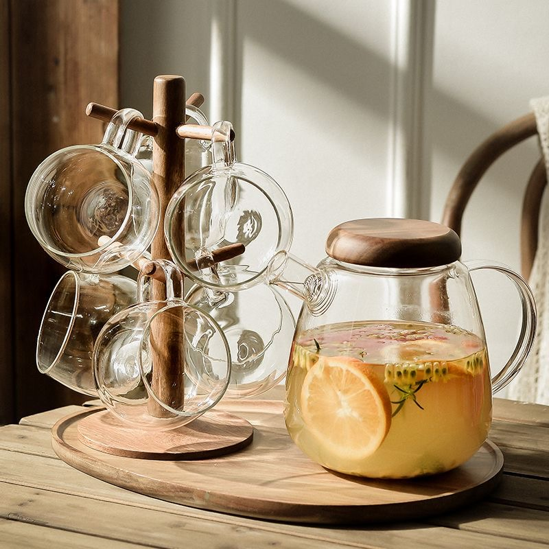 Wholesale Glass Pitcher Water Glass Wooden Lid Pot Set Glass Water Carafe for Household
