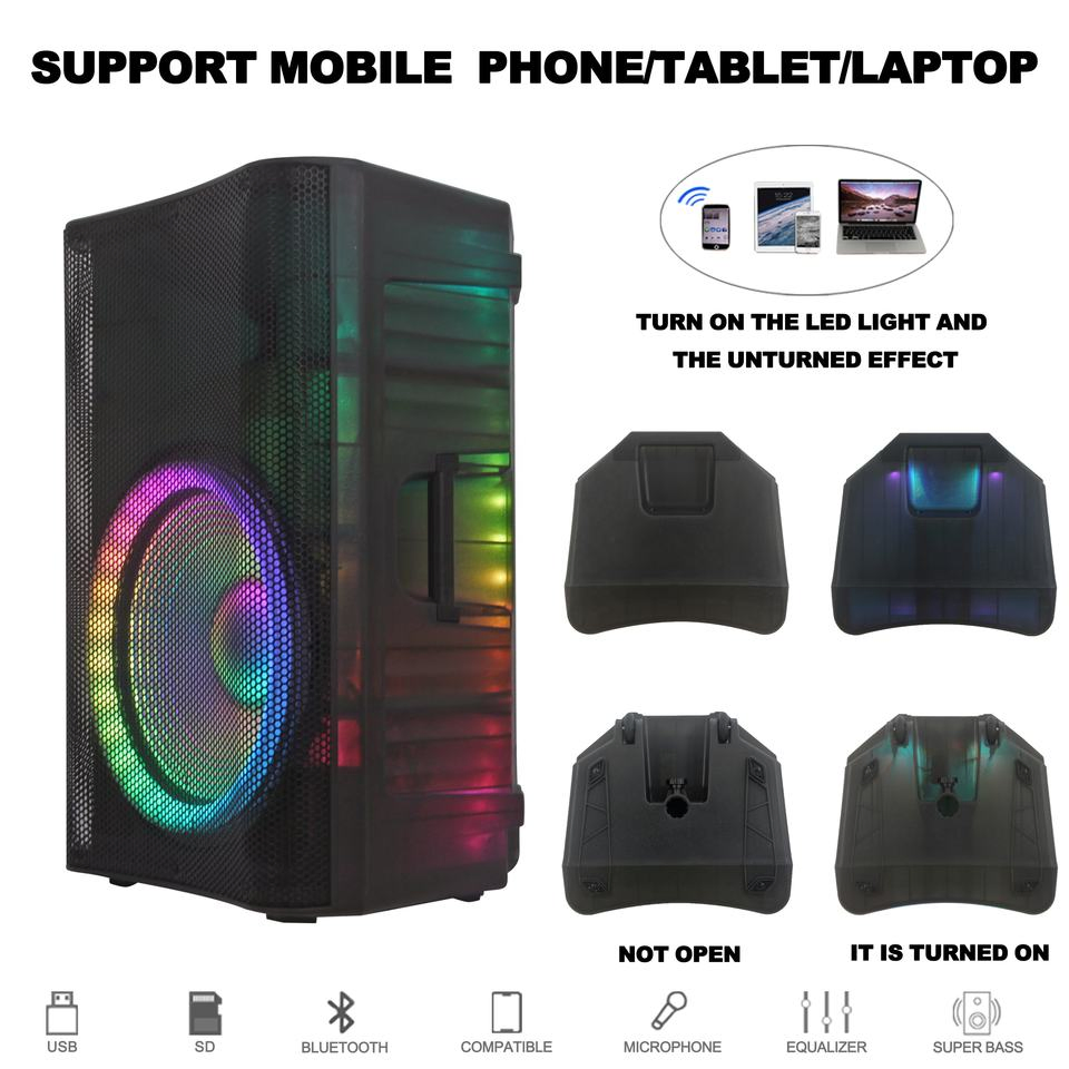 Jumboaudio 15 Inch Full Translucent Speaker with Flame Light 2000W Bass Active 2 Way System Speaker Bochina