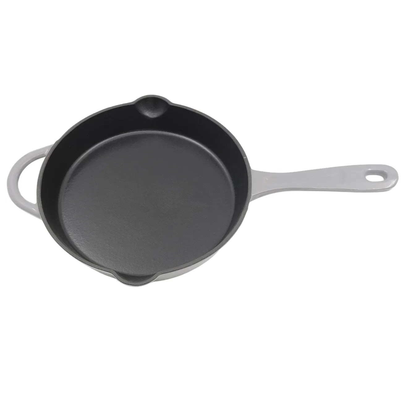 Colorful Enameled Cast Iron Frying Pan with Dual Spouts and Helper Handle for Searing Skillet