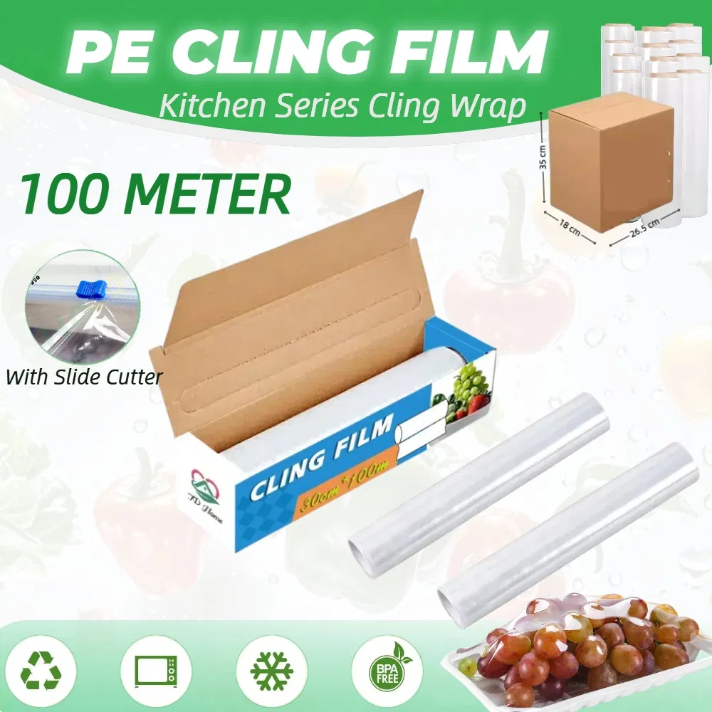 Food Grade PE Jumbo Dispenser Cutter Kitchen Plastic Food Wrap Film, 30cm X 100m Manufacture PE Plastic Cling Wrap Film Roll