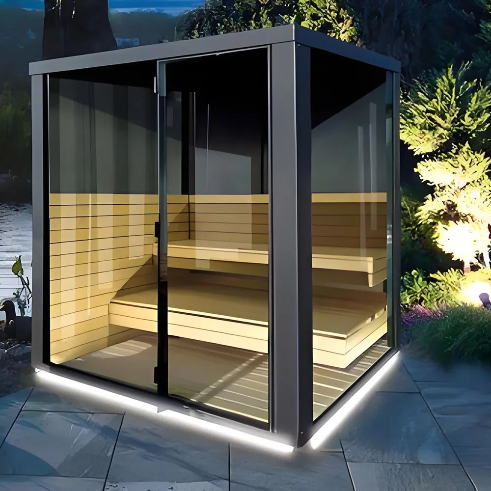 Customizable Outdoor Traditional Square Sauna with LED Lighting