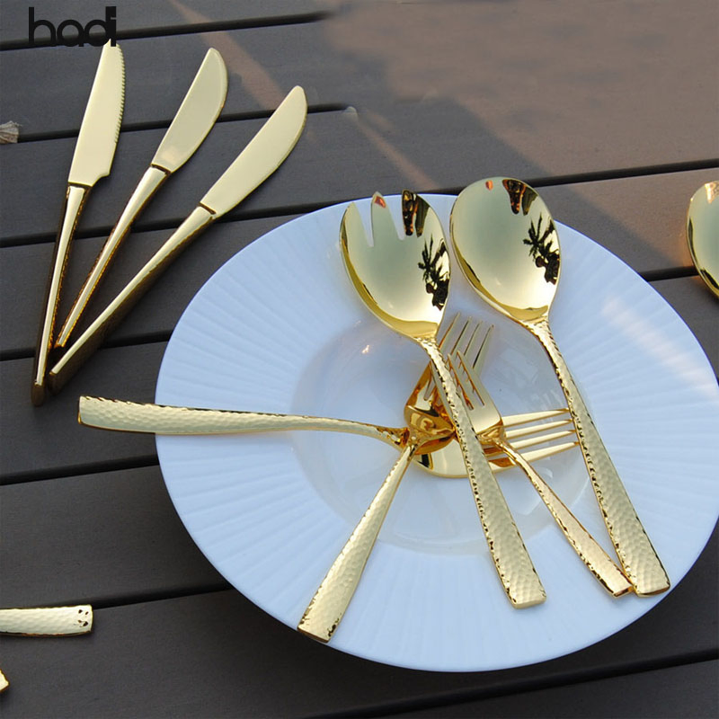 Wholesale Bulk Catering Spoon Sets Matte Golden Wedding Rental Stainless Steel Dinner Gold Plated Flatware Set Gold Hammered Cutlery