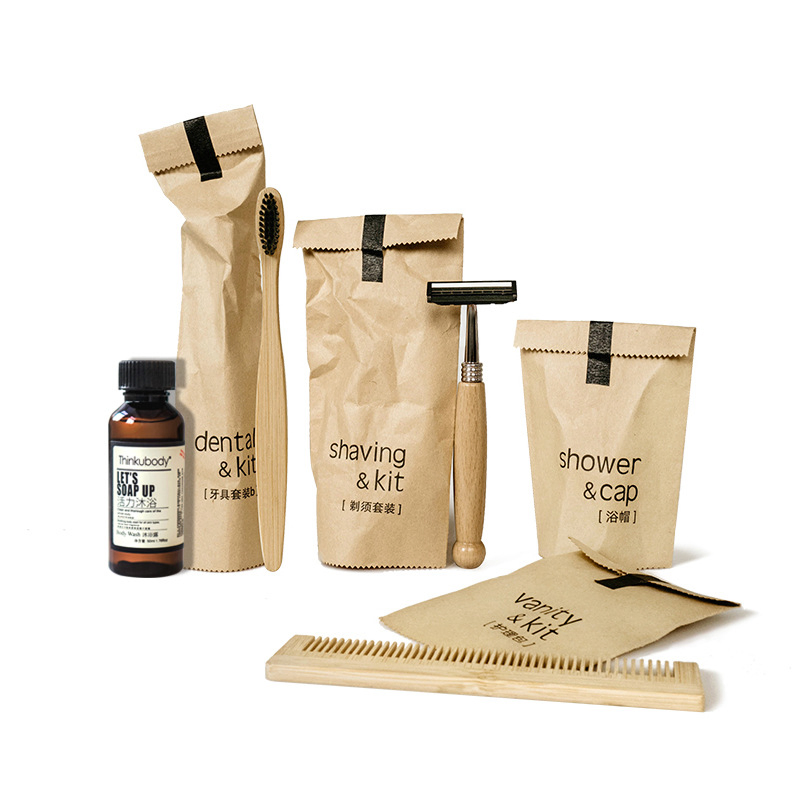Bamboo Toothbrush Hotel Amenities Set with Kraft Paper Packaging