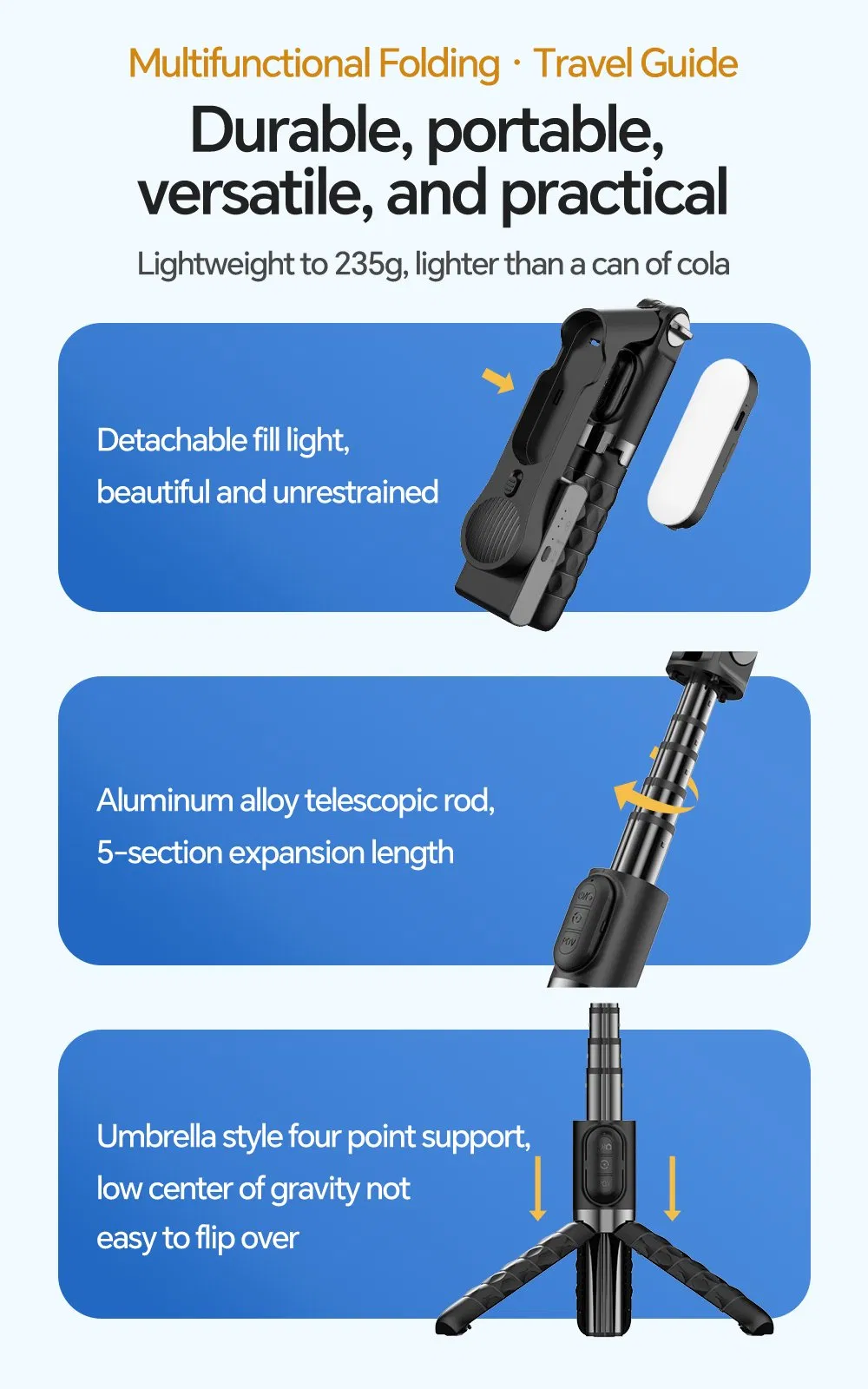 Стабилизатор-селфи палка A6 с подсветкой