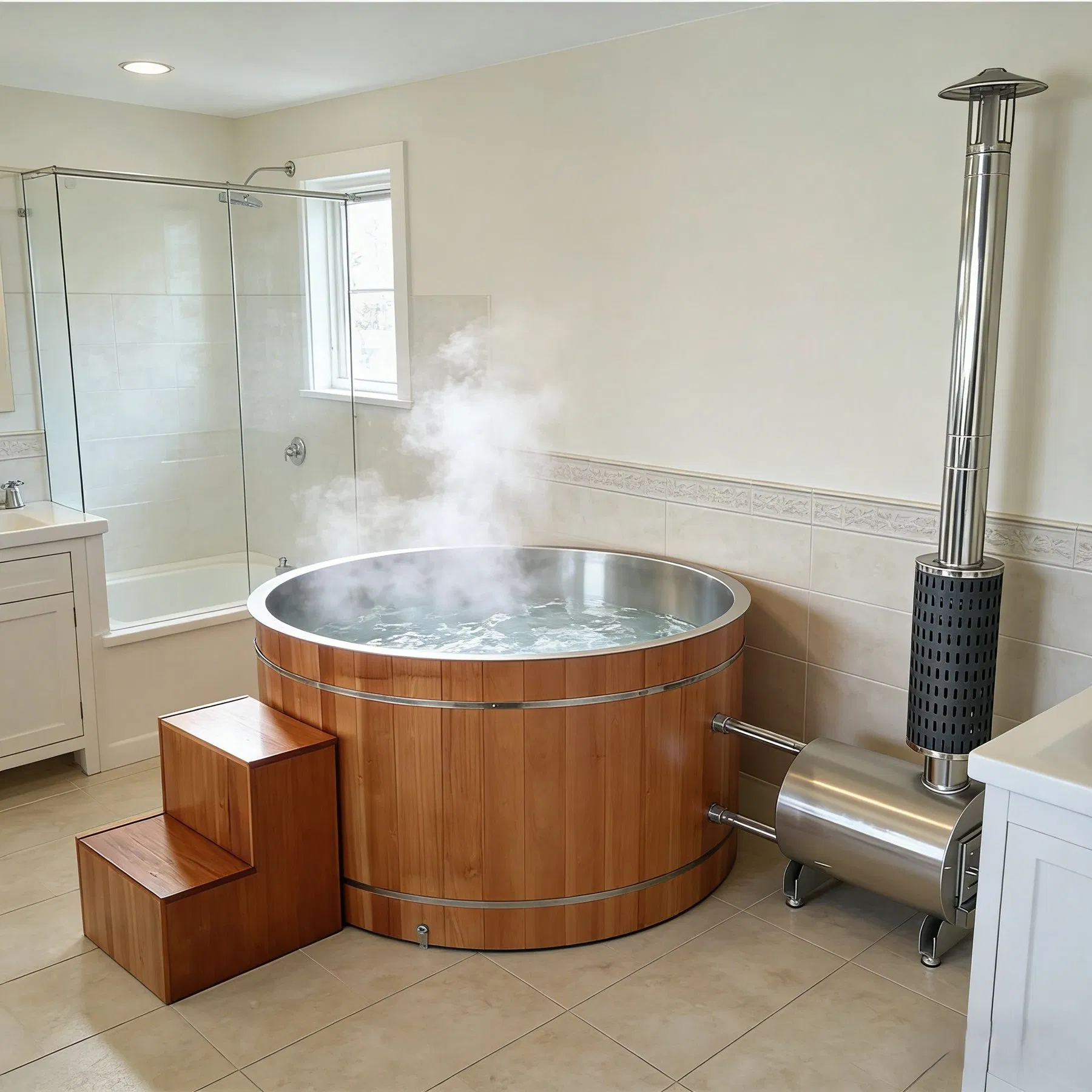 Modern Design Outdoor Red Cedar Hydro SPA Portable Internal Stove Heating 2 Person Capacity 1.5 Inch Thick Walls Massage Feature Tub