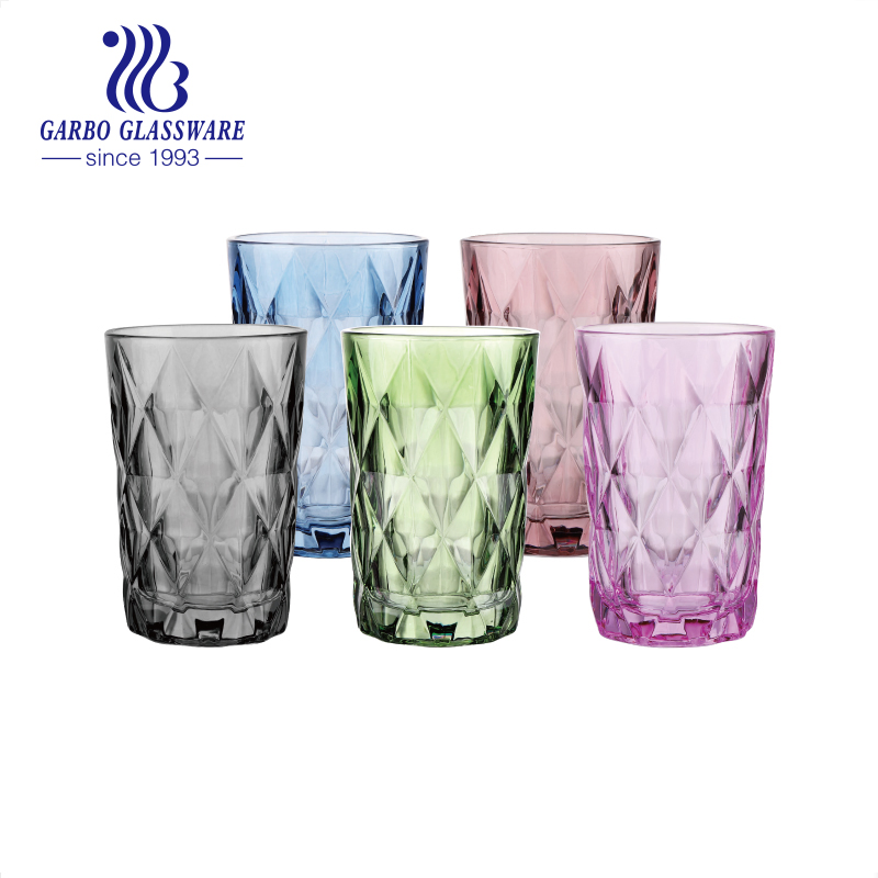 Wholesale Luxury Embossed Diamond Designs Stemware Pink Blue Green Purple Colors Spray Color Glass Engraved Glass Goblet