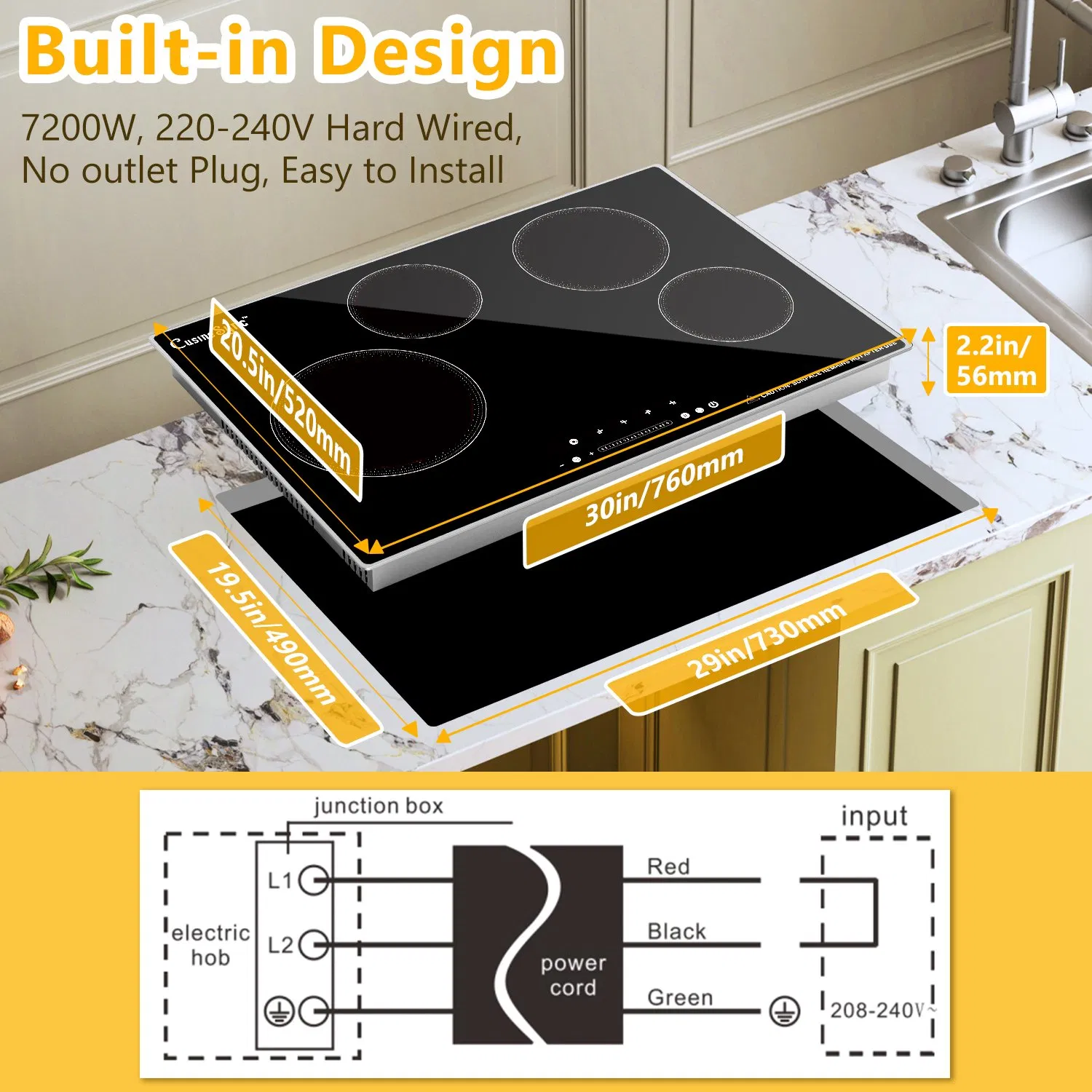 30 Inch Built-in Radiant Electric Cooktop, 4 Burner Smoothtop Stove Top with Expandable Dual Zone, 7200W 240V Hardwired Touch Control, 9 Power Levels, Timer