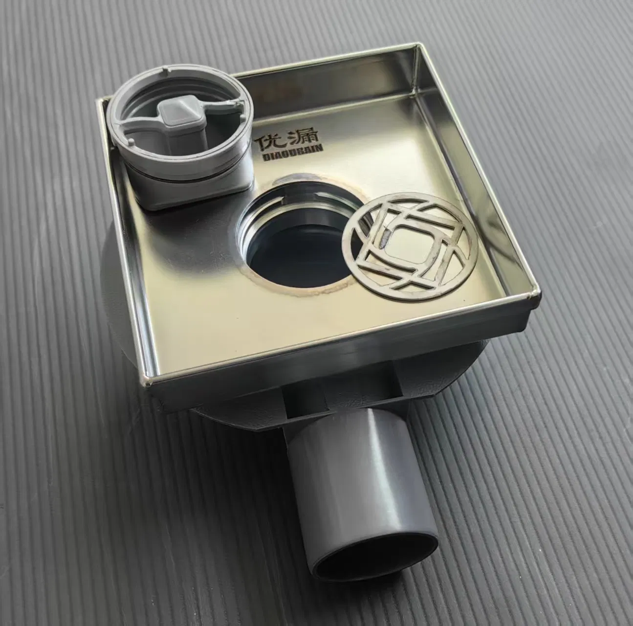 Dwarf Square Floor Drain with Universal Plastic Flange and Odor Stopper