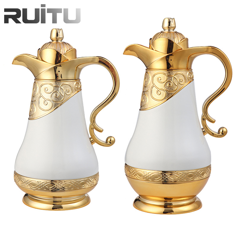 Gold European Style Turkish Arabian Dallah Flasks & Thermoses Stainless Steel Tea Water Pot with Long Spout Metal Vacuum Flask Arabic Dallah Coffee Pot