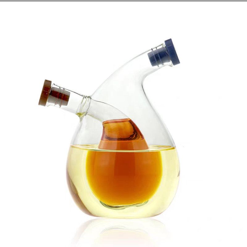 Handmade Heat Resistant Borosilicate Dual Glass Oil Vinegar Bottle with Wooden and Silicone Cork for Kitchen