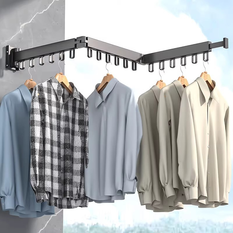New Foldable Hole-Free Wall-Mounted Aluminum Retractable Extendable Clothes Drying Rack