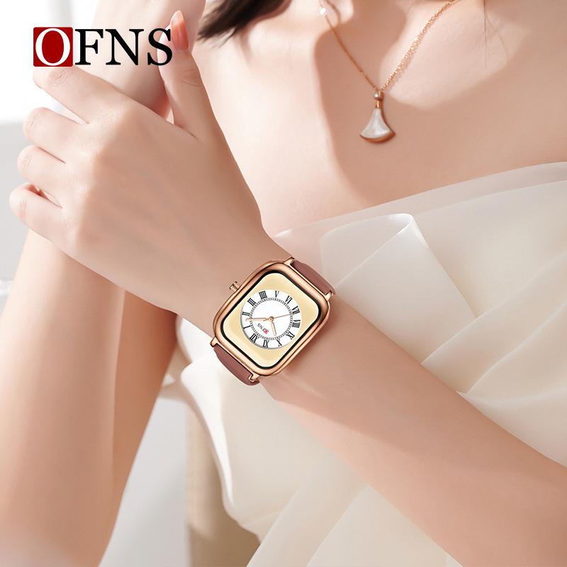Ofns Vintage Square Quartz Watch Roman Numerals Waterproof Luminous Elegant Ladies Watch