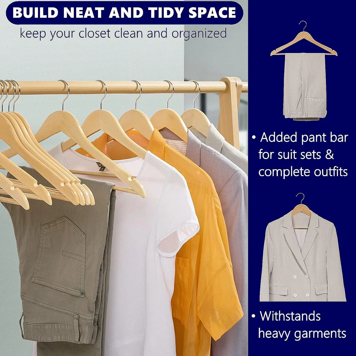 20 Pack Non Slip Natural Wooden Coat Hangers