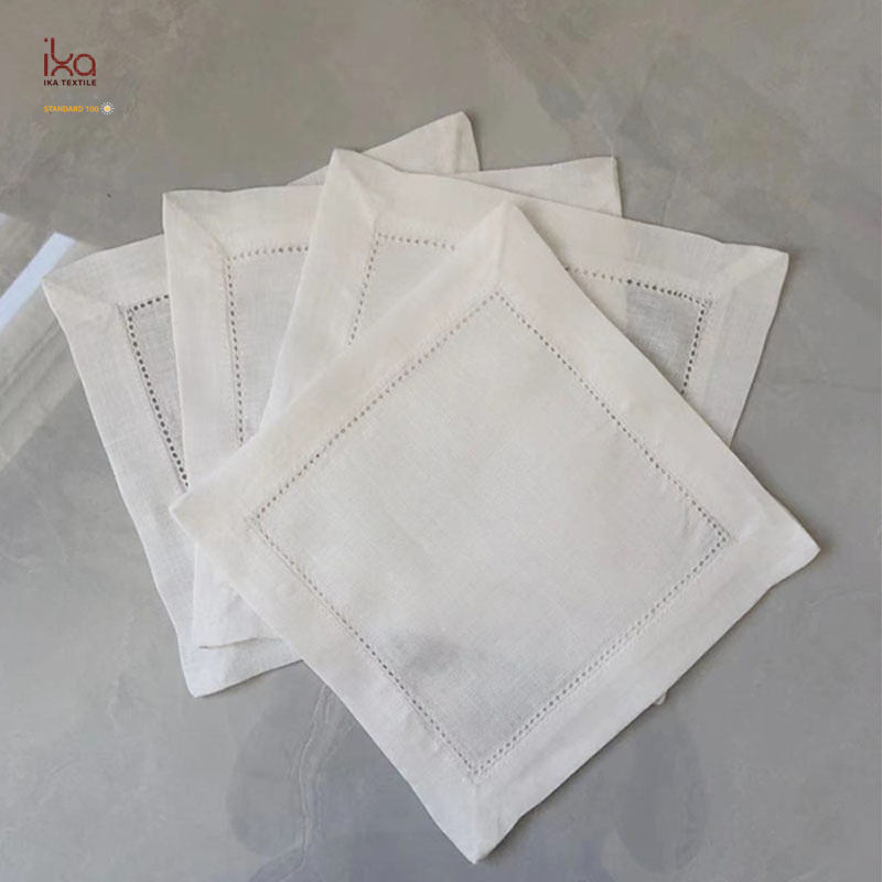 Restaurant Party Table Decorative Personalized Custom Wholesale Hemstitch White Embroidered Pure Linen Square Cocktail Napkins with Logo