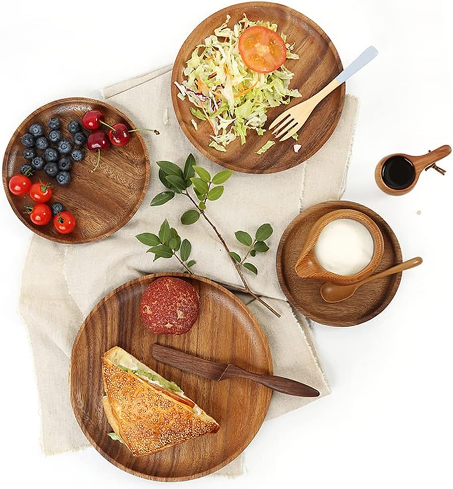 Natural Acacia Wood Dinner Plates Round Serving Tray for Dessert Salad Charcuterie