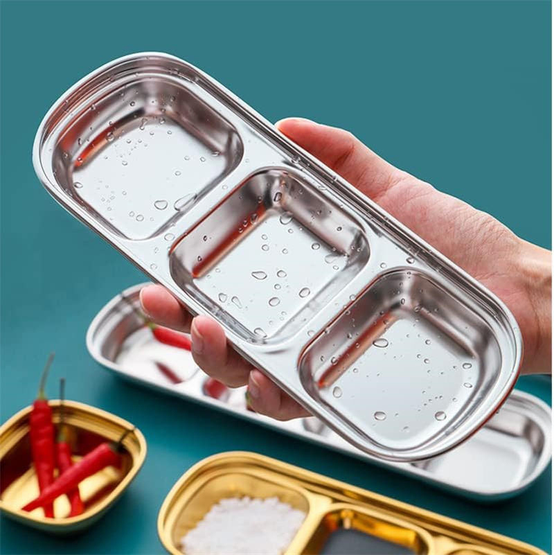 4 PCS Dipping Sauce Dish Set Stainless Steel Condiment Dishes Sub-Grid Seasoning Dishes Appetizer Snacks Bowl
