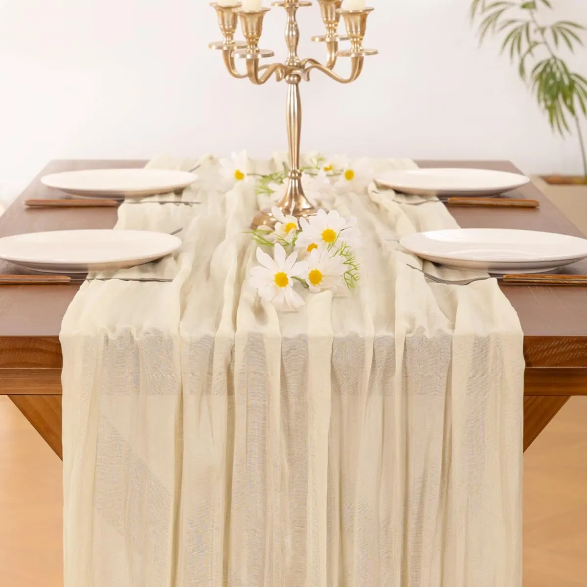 Beige Boho Rustic Cheesecloth Table Runner for Wedding Party Birthday Home Decor