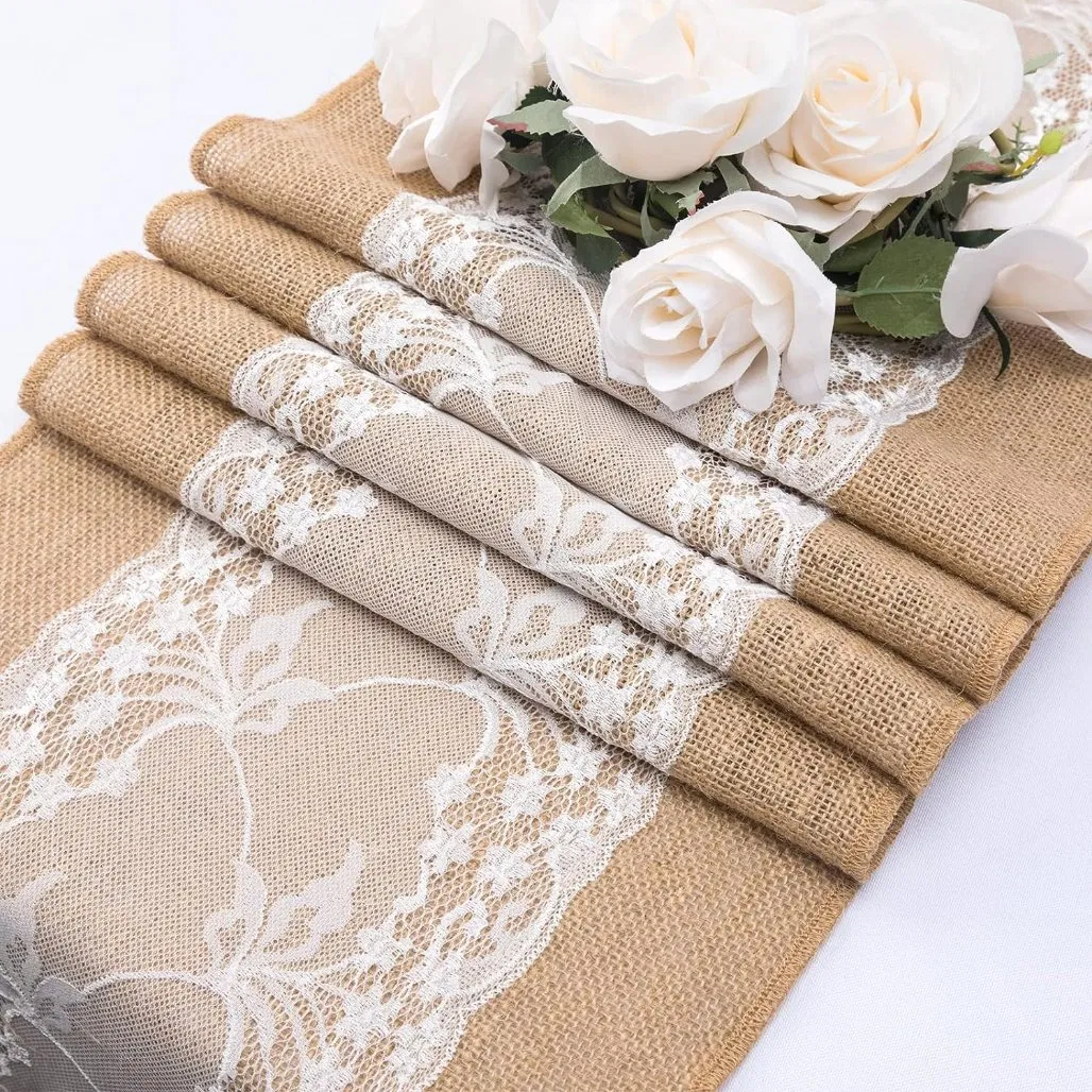 Wedding Party Jute Table Runner with Lace