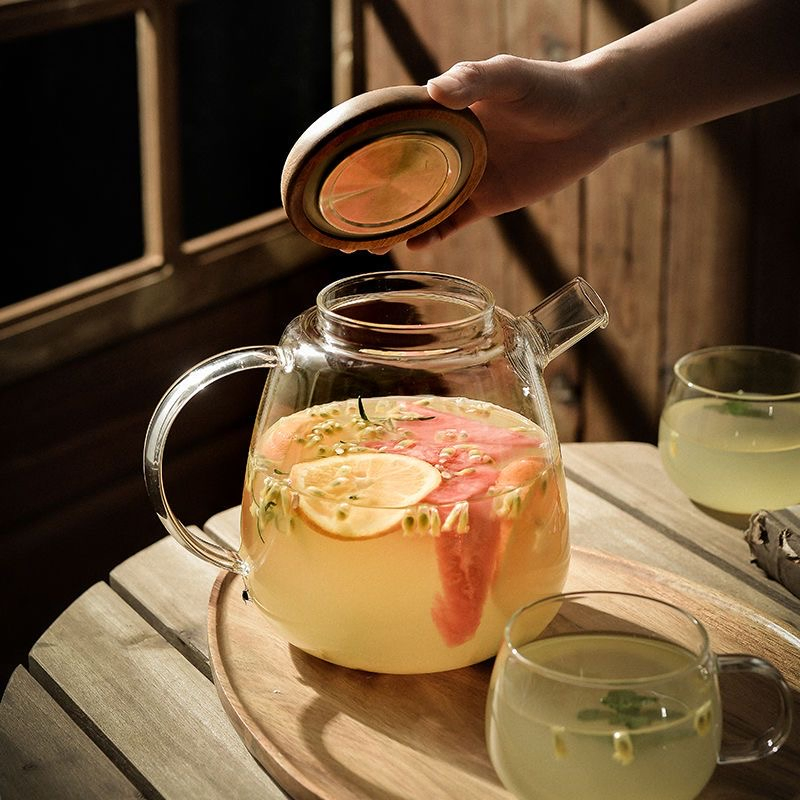 Wholesale Glass Pitcher Water Glass Wooden Lid Pot Set Glass Water Carafe for Household