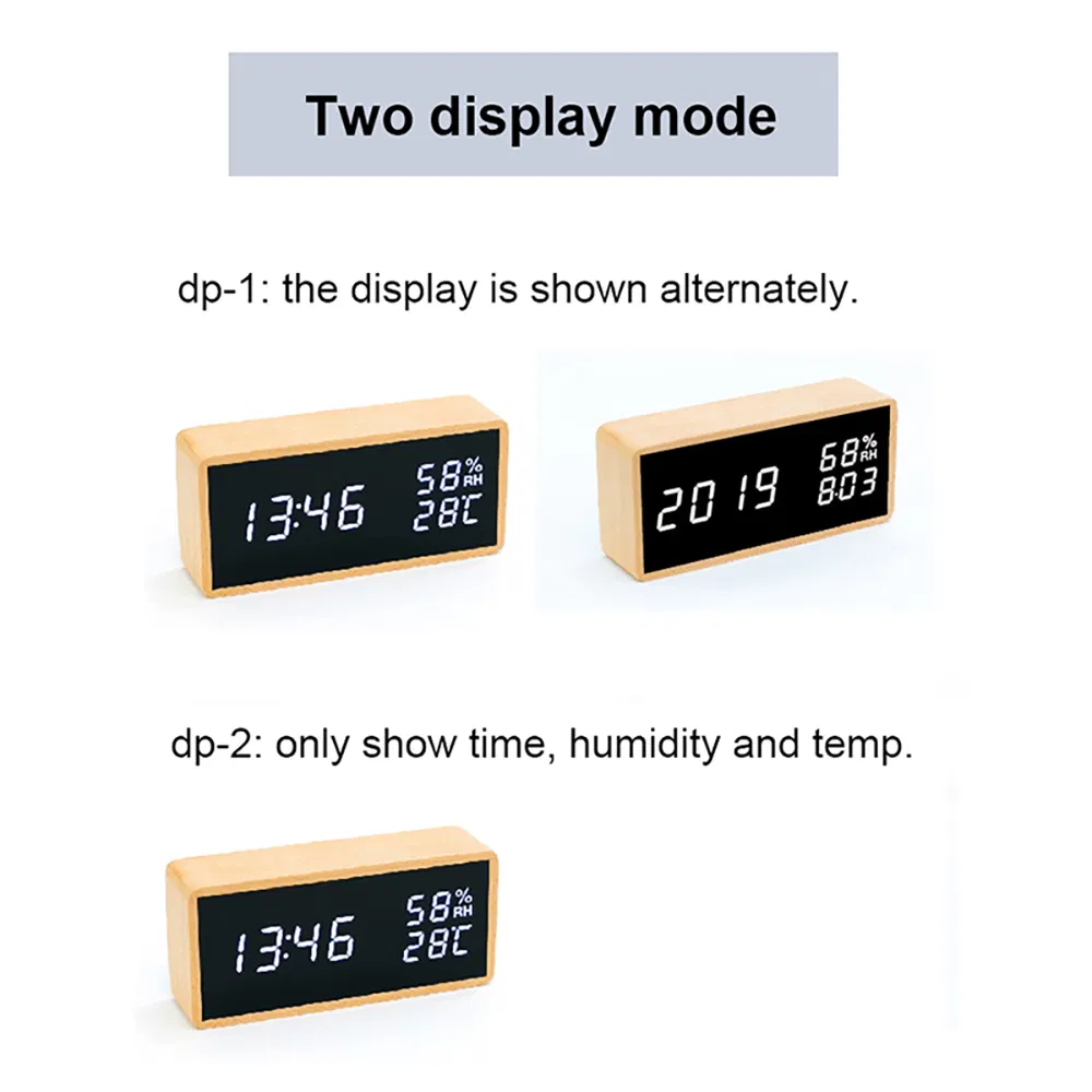 Natural Solid Wooden LED Alarm Clock Humidity and Temperature Display