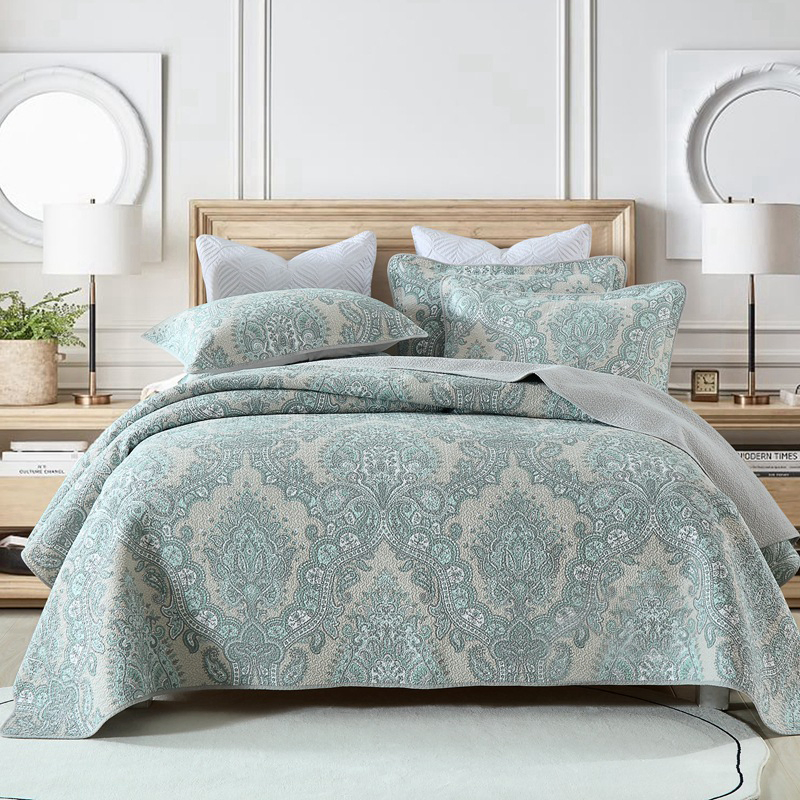 Reversible Bedspread Cotton Quilt Set Queen Lightweight Bedcover Print Coverlet 3PCS