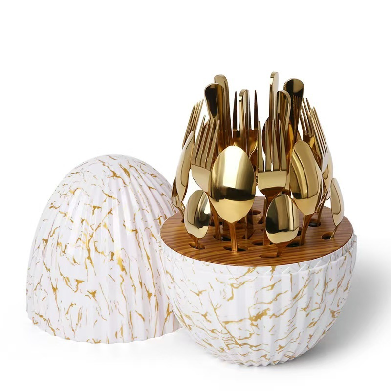 24PCS Tableware Set Gold Silver Egg-Shaped Stainless Steel Flatware Set